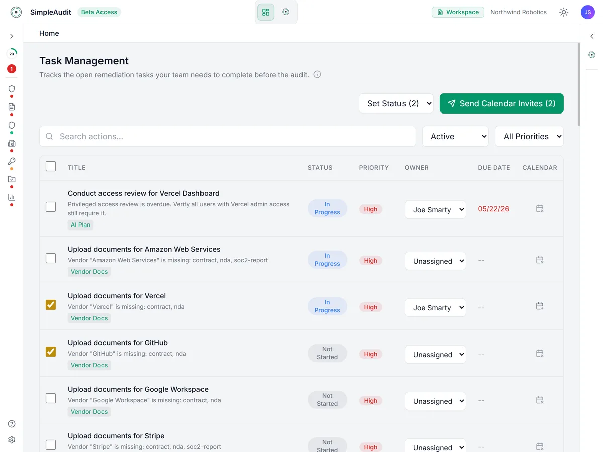Actions dashboard showing AI-generated tasks with status, priority, source, and calendar integration